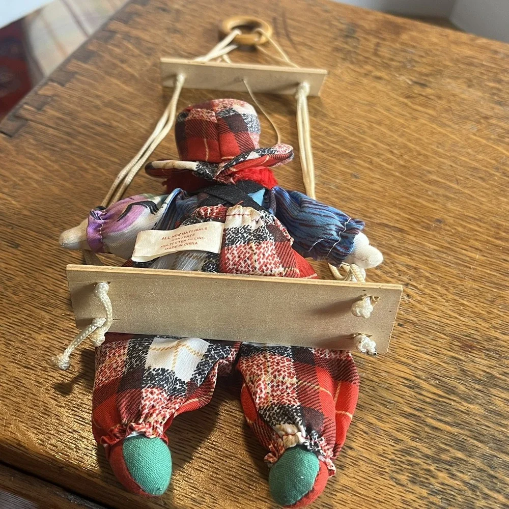 Vintage Ashley Belle Clown Boy Doll on Wooden Swing Porcelain Face Collectible